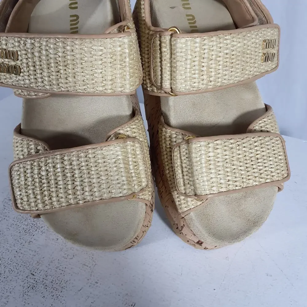 Miu Miu Beige Woven Cork Platform Sandals - Picture 4 of 8